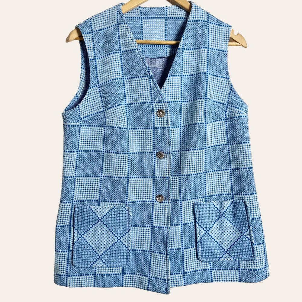 70’s Vintage Blue Checkered Print Sleeveless Button Front Vest Size L